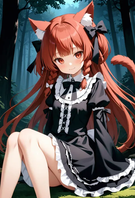 (masterpiece, best quality, very aesthetic, ultra detailed), intricate details,1girl animal_ears ar_(maeus) arm_at_side black_bow black_ribbon blunt_bangs blush bow braid cat_ears cat_girl cat_tail closed_mouth dress fang frilled_dress frilled_sleeves frills gothic_lolita green_dress hair_bow hand_up highres kaenbyou_rin knees_up leg_ribbon legs_together lolita_fashion long_hair looking_at_viewer multiple_tails red_eyes red_hair ribbon sitting skin_fang sleeves_past_wrists slit_pupils smile solo tail tail_raised tareme touhou twin_braids two_tails , forest clearing, night, perfect feet,toes
