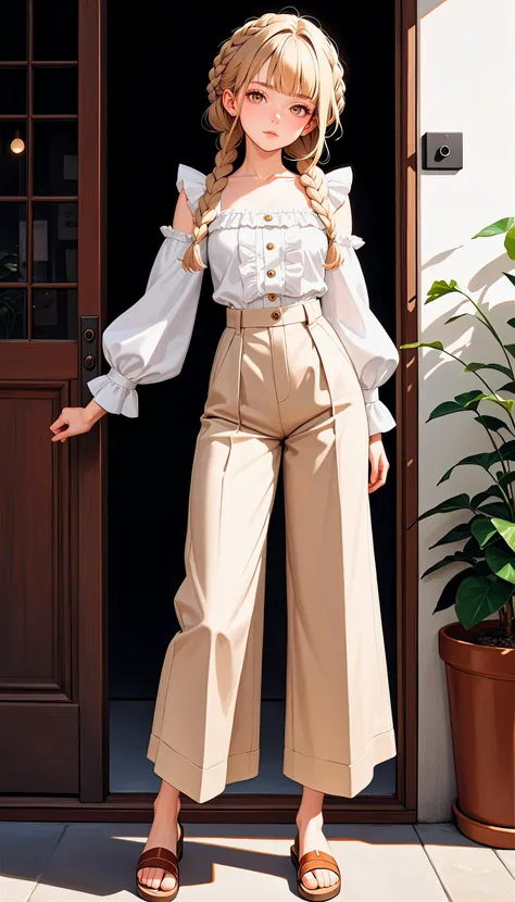 (very aesthetic, best quality, ultra detailed), intricate details,
1girl, beautiful girl,
senior, european, chestnut eyes, pale cheeks, square face shape with angular jaw,natural "no-makeup" makeup,sandy blonde milkmaid braid hair,
wearing ruffle sleeve blouse , wide-leg culottes and sandals,
head tilted to the side, indicating thoughtfulness,
cheerful and lively,