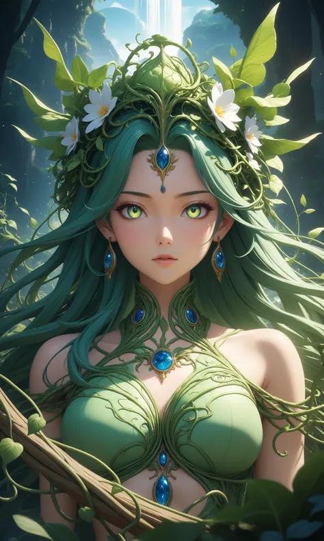 (masterpiece, best quality, ultra detailed), intricate details, "legendary nature goddess", big hair, plants, vines, earth, flowers, head and shoulders portrait, finely drawn eyes, 8k resolution concept art portrait dynamic lighting hyperdetailed intricately detailed Splash art trending on Artstation Unreal Engine 5 volumetric lighting, anime style