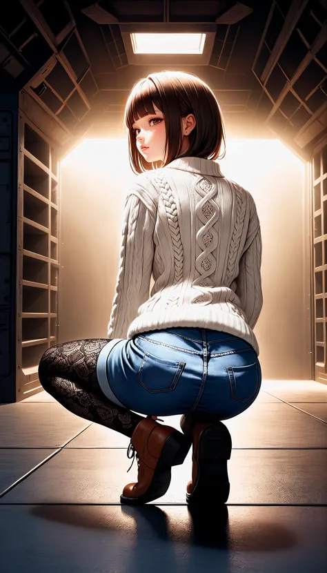 (very aesthetic, best quality, ultra detailed), intricate details,
1girl, beautiful girl,
senior, european, chestnut eyes, pale cheeks, square face shape with angular jaw,natural "no-makeup" makeup,
Underground Hangar,
wearing Cable-knit Aran sweater with a button-front denim skirt and ankle boots and backseam lace stockings ,
brunette hair ,
asymmetric cut hair ,
Full Body ,
From Behind ,
crouching,
cheerful and lively, hyperrealism,
dark theme,
soothing tones,
high contrast,
natural skin texture,
soft light,
sharp,
artistic photoshoot,