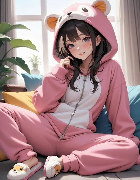 very aesthetic, best quality, ultra detailed, masterpiece, 1girl, wearing onesie, colorful and happy, animal slippers