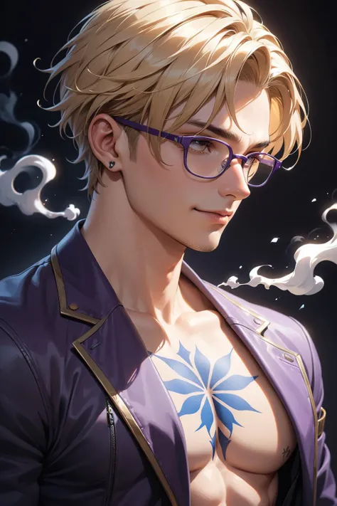 (masterpiece, best quality:1.2), marco_(one_piece), 1boy, blonde_hair, chest_tattoo, cowboy_shot, glasses, jacket, looking_to_the_side, male_focus, open_clothes, open_jacket, purple_background, purple_jacket, purple_sash, sash, short_hair, smile, smoke, solo, tattoo, upper_body
