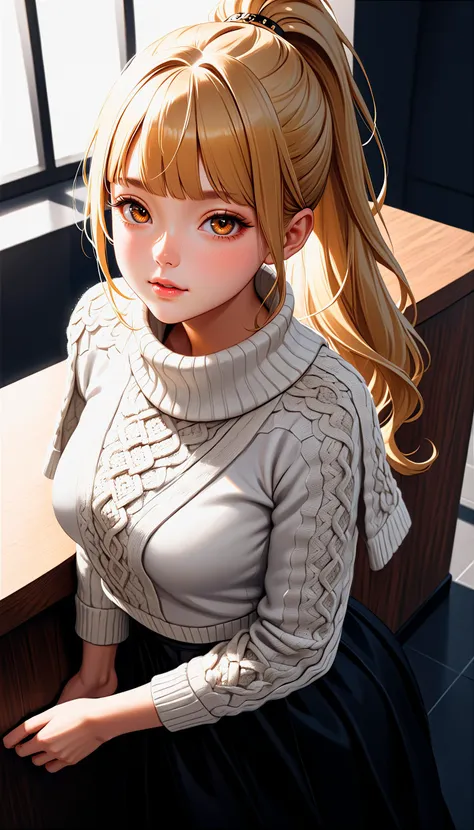 (very aesthetic, best quality, ultra detailed), intricate details,
1girl, beautiful girl,
senior, european, chestnut eyes, pale cheeks, square face shape with angular jaw,natural "no-makeup" makeup,
Reception Desk,
wearing Aran sweater capelet worn over a fitted dress and ankle boots and diamond pattern stockings ,
golden blonde hair ,
high ponytail ,
Upper Body ,
From Above,
crouching,
cheerful and lively, hyperrealism,
dark theme,
soothing tones,
high contrast,
natural skin texture,
soft light,
sharp,
artistic photoshoot,
