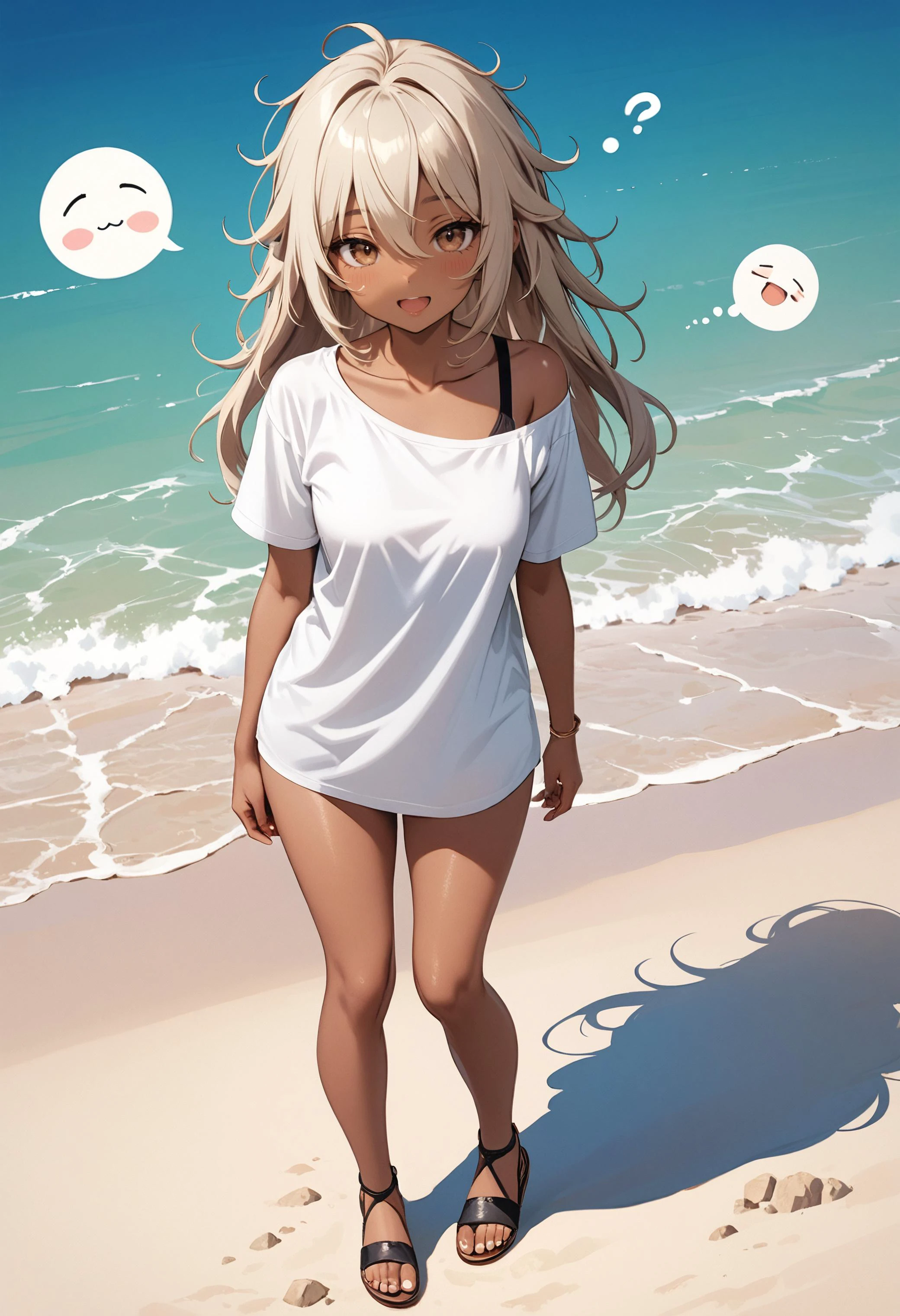 (masterpiece, best quality, very aesthetic, ultra detailed), intricate details,1girl, bare legs, brown eyes, platinum blonde hair, collarbone, dark-skinned female, dark skin, full body, hair between eyes, long hair, looking at viewer, messy hair, off shoulder, open mouth, sandals, shirt, short sleeves, sleepy, smile, solo, standing, t-shirt, thighs, on a beach,perfect feet,toes