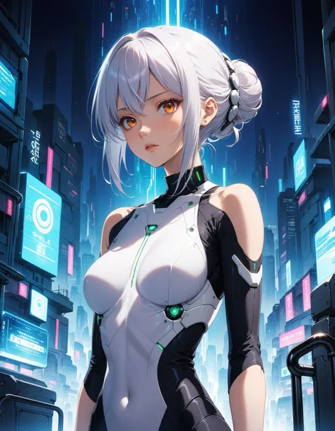 highres, highest quallity, illustration,  ultra detailed, (detailed face), (detailed eyes), cinematic lighting, best quality, hyper detailed, masterpiece, 1girl, solo, grey eyes, short hair, multicolour hair, asymmetrical hair, belt, jacket, off shoulder, bodysuit, detached sleeves, hip vent, luminous eyes, medium breasts, (colorful), upper body, from above, sitting, looking at viewer, indoors, inside a spaceship, futuristic, window
