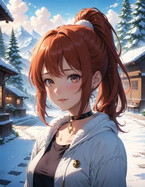 anime artwork breathtaking very aesthetic, best quality, ultra detailed, masterpiece, 1girl, choker, high ponytail, blush, embarrassed, light smile, outdoors, snow around, <lora:Add Details XL:1>, <lora:More Artful XL v1:0.5> . award-winning, professional, highly detailed . anime style, key visual, vibrant, studio anime, highly detailed