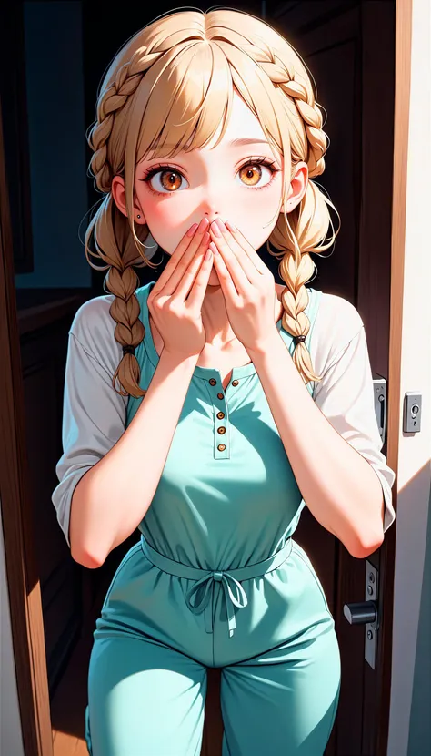 (very aesthetic, best quality, ultra detailed), intricate details,
1girl, beautiful girl, 
senior,  european, chestnut eyes, pale cheeks, square face shape with angular jaw,natural "no-makeup" makeup,sandy blonde milkmaid braid hair, 
wearing henley top , wide-leg jumpsuit and flip-flops,
hands covering mouth, suggesting surprise or shock,
cheerful and lively,