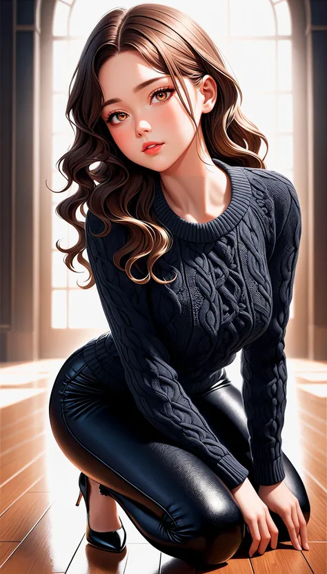(very aesthetic, best quality, ultra detailed), intricate details,
1girl, beautiful girl,
senior, european, chestnut eyes, pale cheeks, square face shape with angular jaw,natural "no-makeup" makeup,
Convocation Room,
wearing Textured Aran sweater with leather pants and pointed-toe pumps and lace garter thigh-high stockings ,
brunette hair ,
soft beach waves hair ,
Upper Body ,
From Behind ,
kneeling,
cheerful and lively, hyperrealism,
dark theme,
soothing tones,
high contrast,
natural skin texture,
soft light,
sharp,
artistic photoshoot,