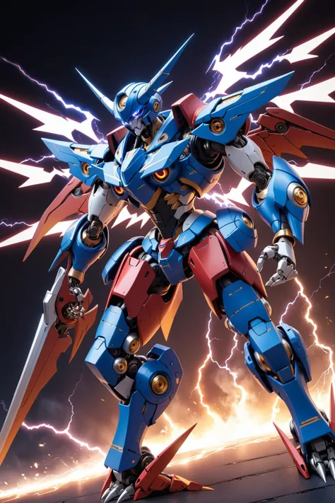 (masterpiece, best quality:1.2), god_getter, arm_blade, armor, aura, black_background, blue_armor, blue_eyes, colored_sclera, energy, horns, hunched_over, joints, lightning, looking_at_viewer, magic_circle, mecha, mechanical_horns, mechanical_wings, no_humans, ornate_armor, purple_lightning, red_stripes, red_wings, robot, robot_joints, spikes, super_robot, weapon, wings, yellow_sclera