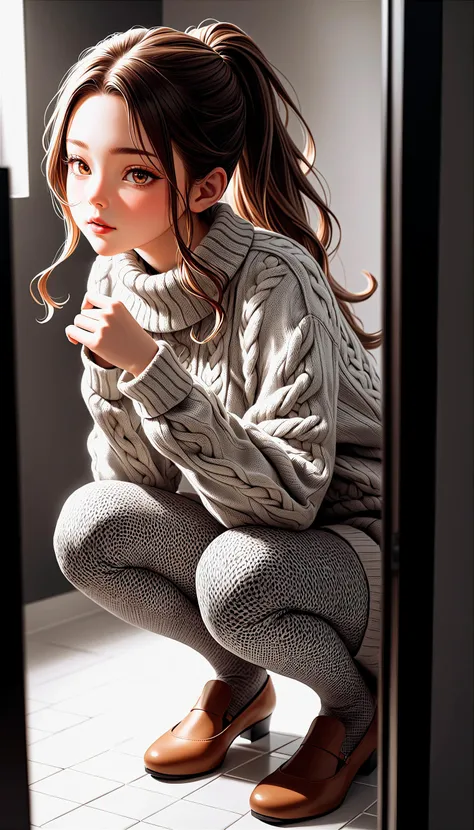(very aesthetic, best quality, ultra detailed), intricate details,
1girl, beautiful girl,
senior, european, chestnut eyes, pale cheeks, square face shape with angular jaw,natural "no-makeup" makeup,
Courtyard for Festivals,
wearing Aran sweater dress with patterned tights and Mary Jane flats and stay-up stockings ,
brunette hair ,
banded ponytail ,
Upper Body ,
From Below ,
sitting,
cheerful and lively, hyperrealism,
dark theme,
soothing tones,
high contrast,
natural skin texture,
soft light,
sharp,
artistic photoshoot,