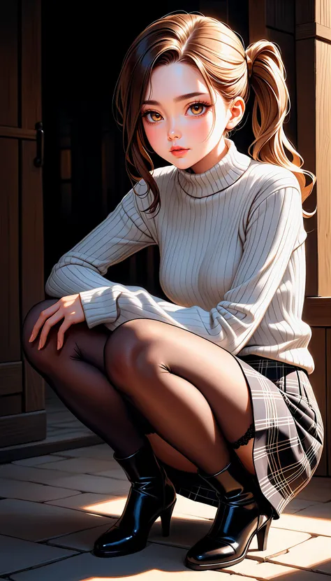 (very aesthetic, best quality, ultra detailed), intricate details,
1girl, beautiful girl,
senior, european, chestnut eyes, pale cheeks, square face shape with angular jaw,natural "no-makeup" makeup,
Pilgrims' Lodging,
wearing  Ribbed Aran sweater tucked into a plaid midi skirt with heeled booties and sheer stockings ,
brunette hair ,
side ponytail ,
Upper Body ,
From Front ,
crouching,
cheerful and lively, hyperrealism,
dark theme,
soothing tones,
high contrast,
natural skin texture,
soft light,
sharp,
artistic photoshoot,