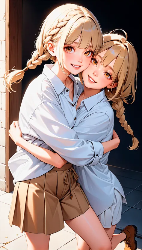 (very aesthetic, best quality, ultra detailed), intricate details,
1girl, beautiful girl,
senior, european, chestnut eyes, pale cheeks, square face shape with angular jaw,natural "no-makeup" makeup,sandy blonde milkmaid braid hair,
wearing oversized button-down shirt , pleated culottes and ankle boots,
arms outstretched, inviting a hug,
cheerful and lively,