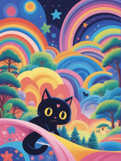 health & wellness book cover art, fresh, clean, natural, soft colors the image portrays a cartoonish black cat with large, expressive eyes and a wide smile. the cat appears to be in a forest setting, surrounded by vibrant colors and splashes of pink, blue, and green paint. this psychedelic environment is reminiscent of the retro digital art style that originated from the 1990s and early 2000s, often characterized by its bold, vivid hues and pixelated or blocky visuals. the overall atmosphere of the image seems whimsical and playful, as if the cat is enjoying frolicking through this colorful landscape.
