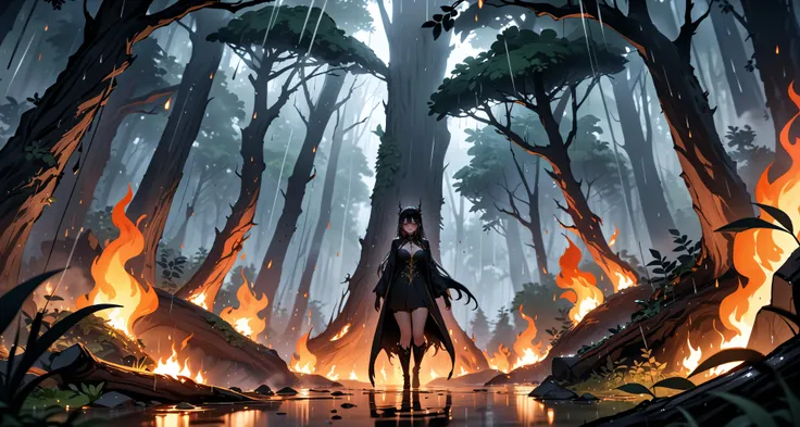 (masterpiece, best quality), rain, crying forest, a burning forest, nature cries, dark fantasy, oppressive atmosphere,