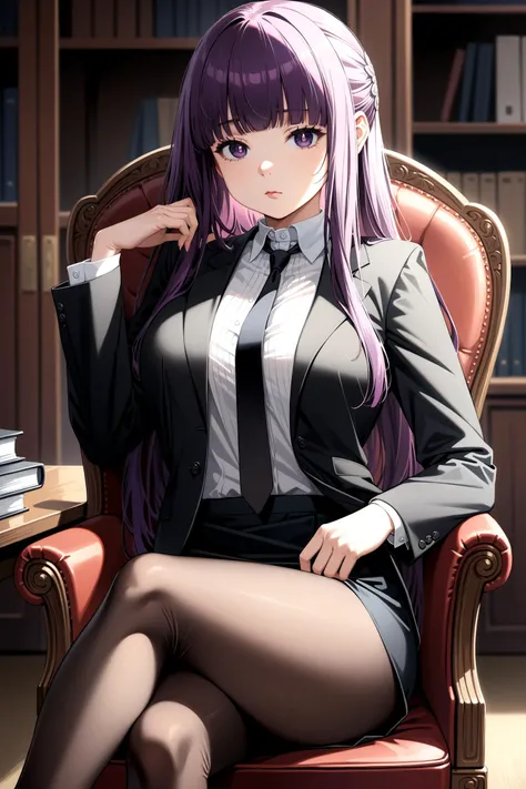 sousou no frieren, aafern, long hair, blunt bangs, <lora:fern_xl_(animagine)_v1:0.9>, office lady, black suit, black necktie, collared shirt, black jacket, black skirt, pantyhose, indoors, sitting, chair, crossed legs,
(masterpiece, best quality, very aesthetic, ultra detailed), intricate details, 4k,