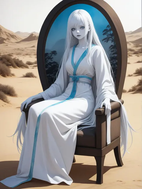 okami video game style, japanese sumi e ink wash painting, watercolor, cel shaded psychedelic art, interesting character design, sitting gracefully on a plush blue armchair. her pale skin contrasts beautifully with the white dress she is wearing, exuding a sense of joy and freedom. her long hair flows with the movement, photorealistic, as you journey through the desert