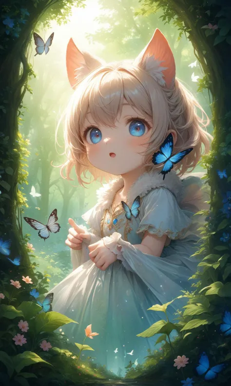 (masterpiece, best quality, very aesthetic, ultra detailed),intricate detailsextremely detailed,cute folded-ear cat,big eyes,(fur),(detailed face),(happy, relaxed),(((chasing after butterlies))),reflection,(fantasy enchanted rainforest background, butterfly particles, lots of details),sharp focus,<lora:ç»èå¤çå¨detailed_notrigger:0.5>,