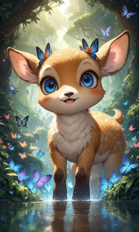 (masterpiece, best quality, very aesthetic, ultra detailed),intricate detailsextremely detailed,cute fawn,big eyes,(fur),(detailed face),(happy, relaxed),(((chasing after butterlies))),reflection,(fantasy enchanted rainforest background, butterfly particles, lots of details),sharp focus,<lora:ç»èå¤çå¨detailed_notrigger:0.5>,
