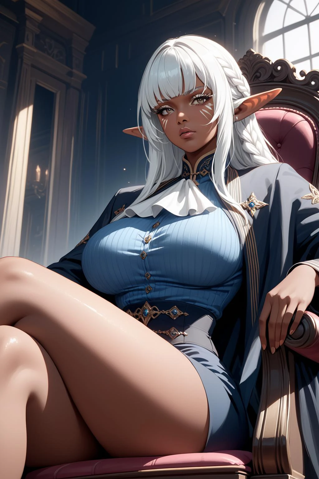 score_9, score_7_up, source_anime, 1girl, brigitta, blunt bangs, white hair, sidelocks, white eyes, pointy ears, elf,  (dark-skinned female:1.4), hime cut, braid, facial mark, colored eyelashes, silver eyelashes, long hair, white ascot, (black cape:1.3), blue ribbed shirt, wide hips, thick thighs, black pants, sitting in a victorian chair, , looking at viewer, crossed arms, unamused, crossed legs,  large breasts,  high heel boots, brown footwear, victorian furniture, victorian mansion, indoors, (masterpiece, best quality, hires, high resolution:1.2), (extremely detailed, intricate details, highres), shiny skin, blush, eyeliner, eyeshadow, eyelashes, (large breasts, saggy breasts:1.2), (cinematic lighting, sunlight, volumetric), dynamic pose, masterpiece, best quality, fantasy art, epic art, (fantasy illustration:1.3), depth of field, a vibrant digital illustration, minimal lineart, realistic shading, detailed face,  <lora:brigitta-metaphor refantazio-koto-PonyXL 2:0.9>,  <lora:Sakimichan [MockAi - v1.0]:0.7>