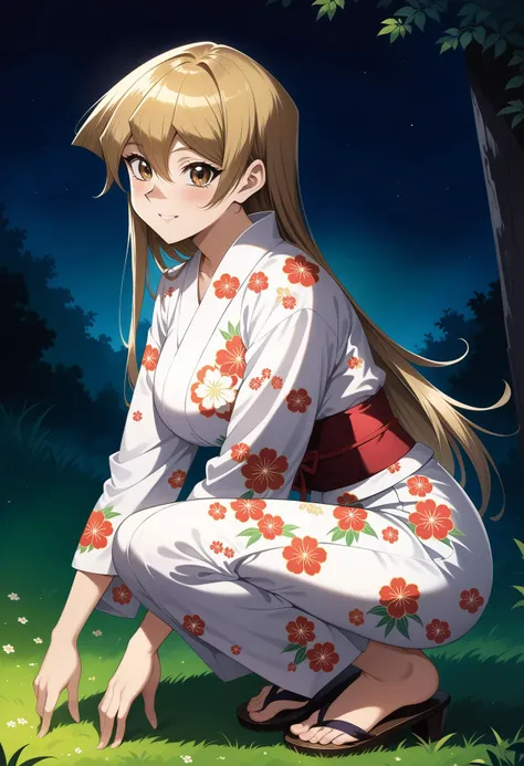 (masterpiece, best quality, very aesthetic, ultra detailed), intricate details, 4k, aaasuka, long hair, blonde hair, brown eyes, breasts, <lora:tenjouin_asuka_animagine_v1:0.9>, night, grass, squatting, yukata, japanese clothes, floral print, from side, smile, looking at viewer,