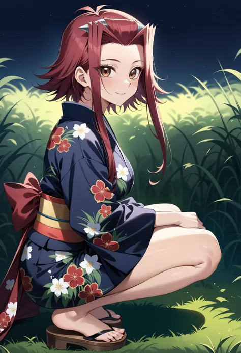 (masterpiece, best quality, very aesthetic, ultra detailed), intricate details, 4k, aaaki, short hair with long locks, red hair, hair intakes, hair ornament, brown eyes, breasts, <lora:izayoi_aki_animagine_v1:0.9>, night, grass, squatting, yukata, japanese clothes, floral print, sandals, from side, smile, looking at viewer,