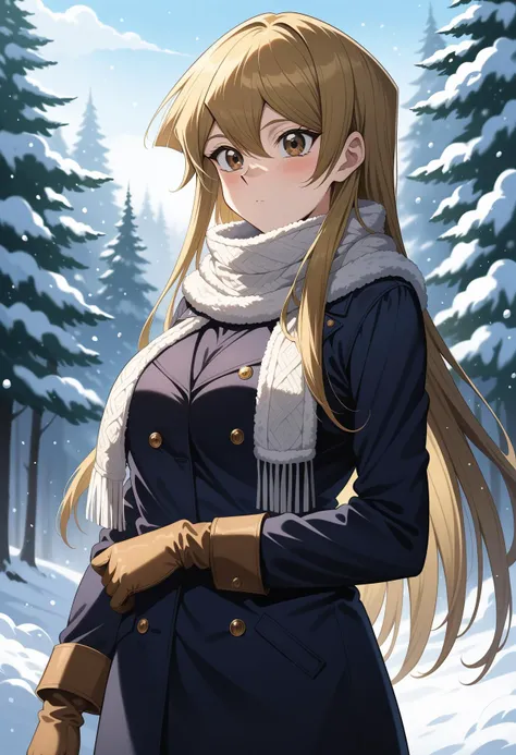 (masterpiece, best quality, very aesthetic, ultra detailed), intricate details, 4k, aaasuka, long hair, blonde hair, brown eyes, breasts, <lora:tenjouin_asuka_animagine_v1:0.9>, winter clothes, scarf, gloves, snow, outdoors, standing, cowboy shot,