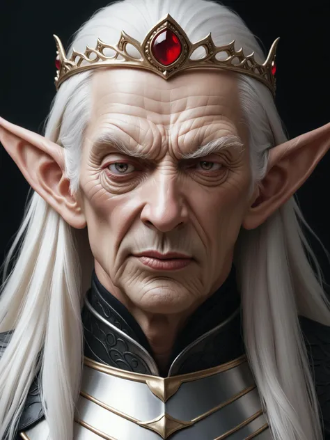 male,elder,very long hair,realistic,front view,evil smile,wrinkles,elf ears,tiara,armor,portrait,thick lips,annoyed,
