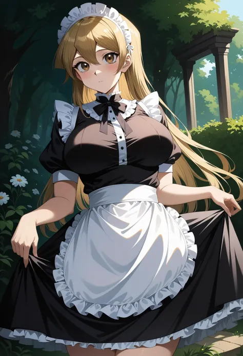 (masterpiece, best quality, very aesthetic, ultra detailed), intricate details, 4k, aaasuka, long hair, blonde hair, brown eyes, breasts, <lora:tenjouin_asuka_animagine_v1:0.9>, maid, maid headdress, apron, black dress, skirt hold, garden, standing, cowboy shot,