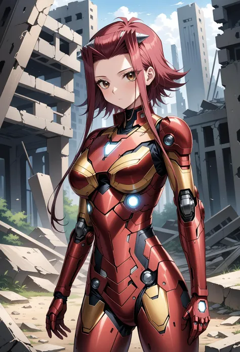 (masterpiece, best quality, very aesthetic, ultra detailed), intricate details, 4k, aaaki, short hair with long locks, red hair, hair intakes, hair ornament, brown eyes, breasts, <lora:izayoi_aki_animagine_v1:0.9>, solo, iron man, ruins, outdoors, standing, cowboy shot,