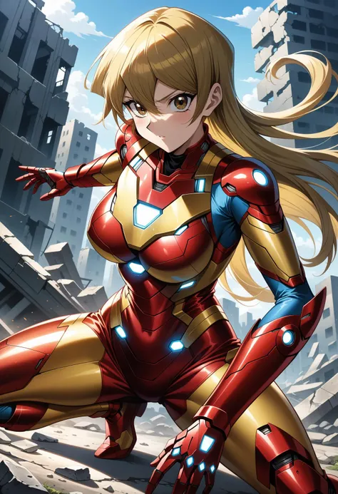 (masterpiece, best quality, very aesthetic, ultra detailed), intricate details, 4k, aaasuka, long hair, blonde hair, brown eyes, breasts, <lora:tenjouin_asuka_animagine_v1:0.9>, iron man, bodysuit, ruins, outdoors, open hand, fighting stance,