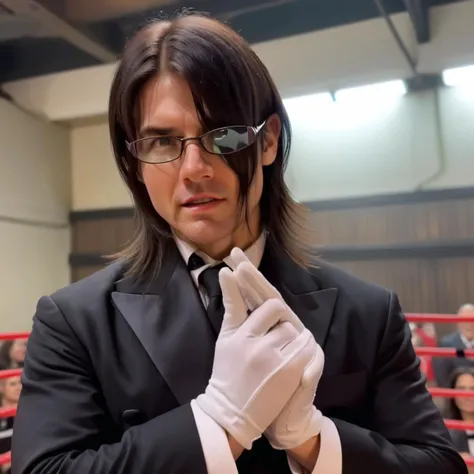 Tom Cruise,Create a realistic image of a male butler wearing formal attire and gloves, with long hair covering one eye, and glasses. The butler should be reaching out towards the camera with an inviting gesture, palm facing up,<lora:yareayare:0.85> ,muscular, strong,Located in the wrestling ring