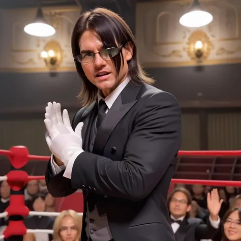 Tom Cruise,Create a realistic image of a male butler wearing formal attire and gloves, with long hair covering one eye, and glasses. The butler should be reaching out towards the camera with an inviting gesture, palm facing up,<lora:yareayare:0.85> ,muscular, strong,Located in the wrestling ring