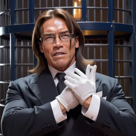 Arnold Schwarzenegger,Create a realistic image of a male butler wearing formal attire and gloves, with long hair covering one eye, and glasses. The butler should be reaching out towards the camera with an inviting gesture, palm facing up,<lora:yareayare:0.85> ,muscular, strong,Located in octagonal cage,navy suit