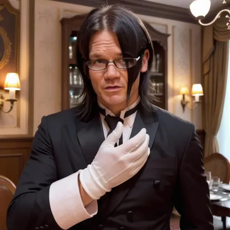 Gordon Ramsay ,Create a realistic image of a male butler wearing formal attire and gloves, with long hair covering one eye, and glasses. The butler should be reaching out towards the camera with an inviting gesture, palm facing up,<lora:yareayare:0.85> ,muscular, strong,Located in Dining room