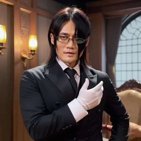 Lee Byung-hun,Create a realistic image of a male butler wearing formal attire and gloves, with long hair covering one eye, and glasses. The butler should be reaching out towards the camera with an inviting gesture, palm facing up,<lora:yareayare:0.85> ,muscular, strong,Located in the station