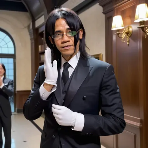 obama,Create a realistic image of a male butler wearing formal attire and gloves, with long hair covering one eye, and glasses. The butler should be reaching out towards the camera with an inviting gesture, palm facing up,<lora:yareayare:0.85> ,muscular, strong,Located in the station