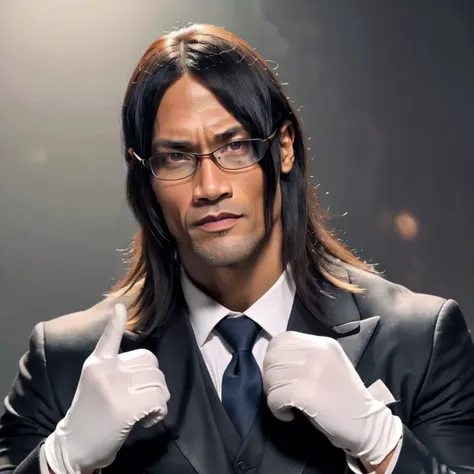 The image is a authentic style of a the rock who is dressed in a Gentleman's Clothing and tie. He features long hair and   glasses. <lora:yareayare:0.7>,  gloves, ,hair covering eyes,muscular, strong