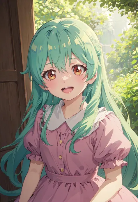 best quality, masterpiece, highres, solo, (ivy_saijakutamerwagomihiroinotabiwohajimemashita:1.10), 1girl, long hair, child, open mouth, puffy short sleeves, aged down, collared dress, pink dress, upper body, :d, blush, outdoors, anime_style, 11 <lora:ivy_saijakutamerwagomihiroinotabiwohajimemashita:0.80>