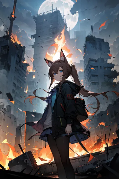 1girl, masterpiece, best quality, <lora:amiyaAK:0.7>, long hair, blue eyes, animal ears, cowboy shot, (night), standing on top of a building, moon, glaring, cinematic lighting, looking at viewer, <lora:test:0.7>, ttruins, ruins, (fire), empty hands,