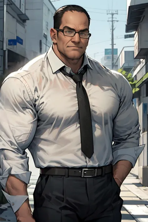 best quality, Mature male, Environmental portrait, <lora:senatorArmstrong:.8> senatorarmstrong, muscular male, glasses, necktie, black pants, black belt, white shirt, black suit