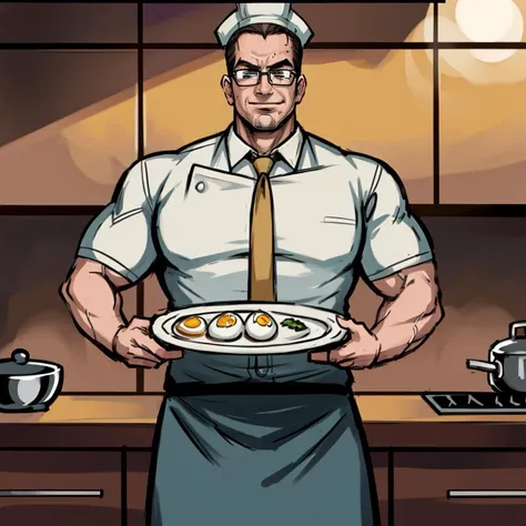 masterpiece, extreme quality, cg, detailed face, perfect lighting, high quality, highres, absurdres quality, <lora:armstrong:0.8> senatorarmstrong,chef, chef hat, chef uniform, abs, glasses,red necktie, looking at viewer, cowboy shot, standing, holding bowl, kitchen, kitchen hood, Oven, plate, holding, plate, egg