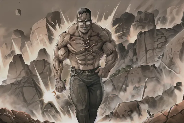 walking towards viewer, shinny glasses, 1boy, <lora:senatorarmstrong-18:1> senatorarmstrong, muscular male , veins, nanomachines, cigarette, smoking, smoke, topless male, veins, looking at viewer, lighting cigarette, desert, <lora:rageModeLoraTest_v10:.6>, ragemode,destruction,