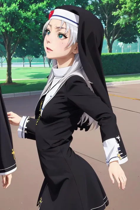 (masterpiece, best quality), 1girl, <lora:kate takayama s2-lora-nochekaiser:1> kate takayama, long hair, white hair, mole, aqua eyes, mole under eye, long sleeves, dress, jewelry, necklace, black dress, cross, nun, habit, cross necklace,