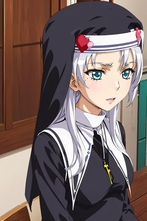 (masterpiece, best quality), 1girl, <lora:kate takayama s2-lora-nochekaiser:1> kate takayama, long hair, white hair, mole, aqua eyes, mole under eye, long sleeves, dress, jewelry, necklace, black dress, cross, nun, habit, cross necklace,