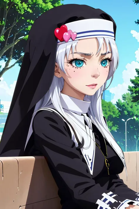 (masterpiece, best quality), 1girl, <lora:kate takayama s2-lora-nochekaiser:1> kate takayama, long hair, white hair, mole, aqua eyes, mole under eye, long sleeves, dress, jewelry, necklace, black dress, cross, nun, habit, cross necklace,