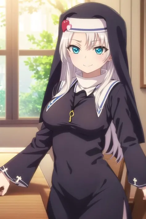 katetakayama, <lora:kate takayama s2-lora-nochekaiser:1>,
kate takayama, long hair, white hair, mole, aqua eyes, mole under eye, smile,
BREAK long sleeves, dress, jewelry, necklace, black dress, cross, nun, habit, cross necklace,
BREAK indoors, classroom,
BREAK looking at viewer, (cowboy shot:1.5),
BREAK <lyco:GoodHands-beta2:1>, (masterpiece:1.2), best quality, high resolution, unity 8k wallpaper, (illustration:0.8), (beautiful detailed eyes:1.6), extremely detailed face, perfect lighting, extremely detailed CG, (perfect hands, perfect anatomy),