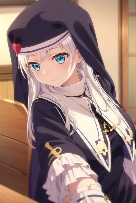 katetakayama, <lora:kate takayama s2-lora-nochekaiser:1>,
kate takayama, long hair, white hair, mole, aqua eyes, mole under eye, smile,
BREAK long sleeves, dress, jewelry, necklace, black dress, cross, nun, habit, cross necklace,
BREAK indoors, classroom,
BREAK looking at viewer, (cowboy shot:1.5),
BREAK <lyco:GoodHands-beta2:1>, (masterpiece:1.2), best quality, high resolution, unity 8k wallpaper, (illustration:0.8), (beautiful detailed eyes:1.6), extremely detailed face, perfect lighting, extremely detailed CG, (perfect hands, perfect anatomy),