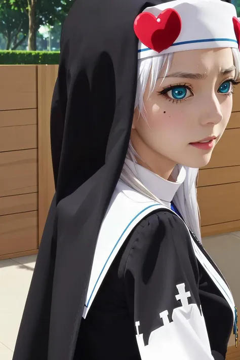 (masterpiece, best quality), 1girl, <lora:kate takayama s2-lora-nochekaiser:1> kate takayama, long hair, white hair, mole, aqua eyes, mole under eye, long sleeves, dress, jewelry, necklace, black dress, cross, nun, habit, cross necklace,