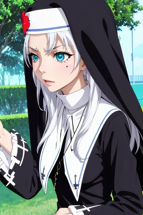 (masterpiece, best quality), 1girl, <lora:kate takayama s2-lora-nochekaiser:1> kate takayama, long hair, white hair, mole, aqua eyes, mole under eye, long sleeves, dress, jewelry, necklace, black dress, cross, nun, habit, cross necklace,