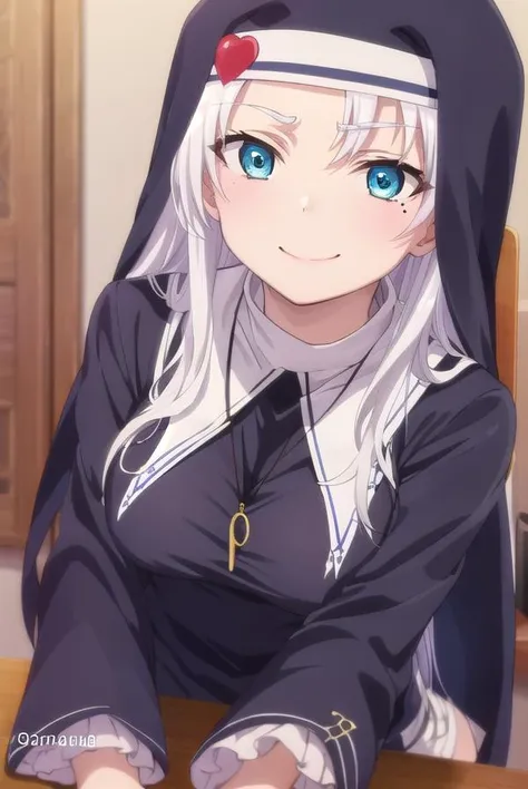 katetakayama, <lora:kate takayama s2-lora-nochekaiser:1>,
kate takayama, long hair, white hair, mole, aqua eyes, mole under eye, smile,
BREAK long sleeves, dress, jewelry, necklace, black dress, cross, nun, habit, cross necklace,
BREAK indoors, classroom,
BREAK looking at viewer, (cowboy shot:1.5),
BREAK <lyco:GoodHands-beta2:1>, (masterpiece:1.2), best quality, high resolution, unity 8k wallpaper, (illustration:0.8), (beautiful detailed eyes:1.6), extremely detailed face, perfect lighting, extremely detailed CG, (perfect hands, perfect anatomy),